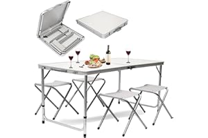 BAKAJI Set Tavolo Tavolino 120 x 70 cm Pieghevole con 4 Sgabelli da Pic Nic per Campeggio SpiaggiaStruttura Tubolare in Alluminio Piano in ABS Sedute in tessuto Richiudibile Salvaspazio con Maniglia