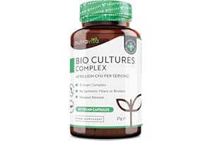 Super Strength 40 Billion CFU Bio Cultures Complex with 15 Live Strains – Advanced Multi Strain Formula – Vegan Capsules – Digestive Enzyme Supplement for Men & Women – Made by Nutravita