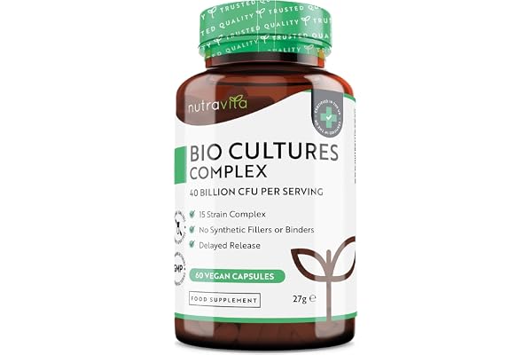 Probiotique Bio-Cultures Complex - Ferment Lactique Végan Probiotiques - Probiotique Flore Intestinale - 15 Souches dont Lactobacillus - 40 Milliards UFC/Jour - Lactobacillus Gasseri - Nutravita