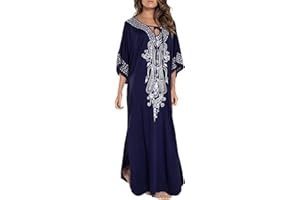 L-Peach Vestido Bordado Largo Kaftan Pareo de Algodón Bikini Cover Up para Mujer