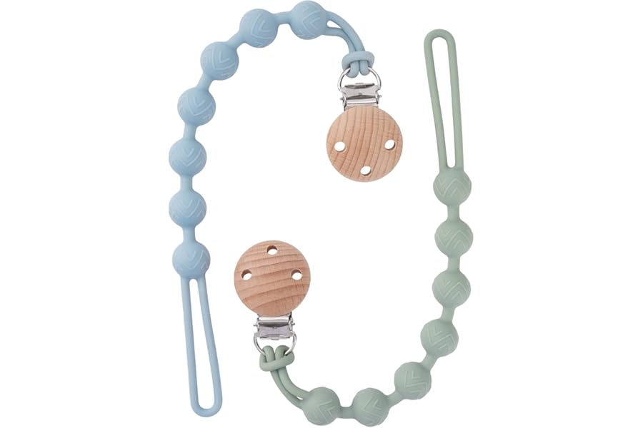 EYOGO Silicone Dummy Clip for Baby Boys and Girls, One Piece Pacifier Clips, Wooden Soother Clips Design, Fits Most Pacifiers and Teething Toys, 2 Pack (Sage+Ether)