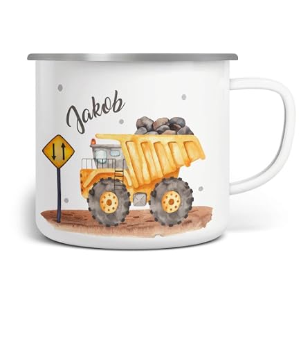 Emaille-Tasse „Bagger“ – Personalisierbar Mit Namen, 300 Ml, Weiß Mit Schwarzem Rand, Robuste Blechtasse