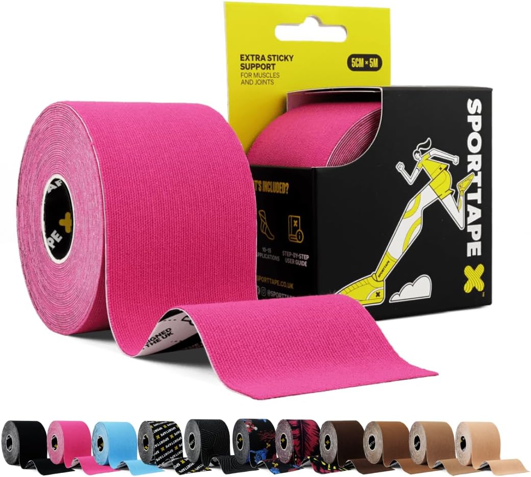 SPORTTAPE Bande Kinésiologique - 5 cm x 5 m - Rose - Strapping Sportif | Bande physio & sport pour blessure muscle épaule, genou, cheville & périostite, Étanche & hypoallergénique bande kinétique
