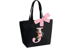HAMATATA Borsa Tote Bag con Iniziale, Borsa Shopper con Papillon, Borsa Donna Personalizzata con Nome, Regali per Donna, Amica, Sposa Damigella D'onore, Mamma, Compleanno, Nozze, Natale, San Valentino(J)