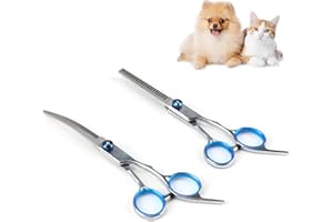 TRITMI 2 Pezzi Forbici per Cani Toelettatura Cane, Forbice Curva per Cani, Set di Forbici da Toelettatura per Cani Gatti con Punta Rotonda Sicurezza per Toelettatura Gatto Animali Fai Da Te