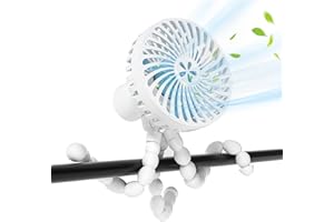 MEGAROOM Portable Baby Pram Fan - Clip on Fan for Stroller - Portable Fan with Flexible Tripod - USB Rechargeable Handheld Cooling Fan,Travel,Crib,Car Seat,Dog Crate (White)
