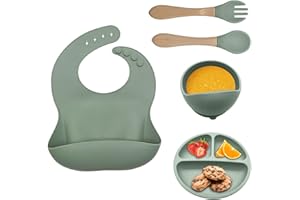 BIZCASA Baby Weaning Set, 5pcs Toddler Feeding Set Adjustable Bib with Large Crumb Pouch, Suction Bowl, Spoon, and Fork Baby Feeding Sets Easy Wipe Clean Cutlery Set BPA Free for Babies and Toddler,Green