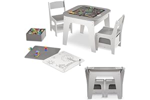 Juskys Kindersitzgruppe Milou - Set mit 2 Stühlen & 1 Tisch - Kindertisch Holz - Spieltisch mit Stauraum - Sitzgruppe für Kinder, Maltisch - Grau