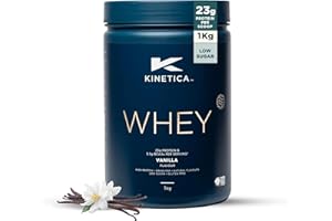 Kinetica Sports Whey Protein Powder - Vanilla Flavour | 23g Protein/Serve, 33 Servings/1Kg Pack | Gluten Free Supplement | Optimum for Muscle Growth & Recovery | Mixes Well with Water, Milk & Shakes