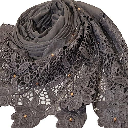 Lace Crochet Hijab Maxi Rhinstone Scarf Gold Diamante Wedding Bridal Wrap Shawl (Grey)
