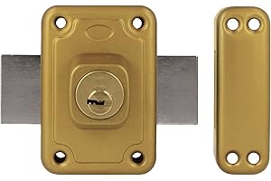 Amig - Cerradura de Sobreponer con Palanca de Cierre para Puertas de Madera Mod. 81-96 x 66 mm - Pestillo Con Cilindro Interior de Seguridad por Ambos Lados - Acero Esmaltado Oro