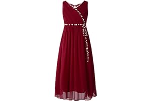 IEFIEL Robe de Soirée Enfant Filles Trapèze Robe V Cou Perles Robe de Mariage Cérémonie Jupe en Couches Princesse 4-16 Ans