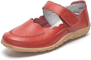 Ophestin Womens Flat Leather Mary Janes Touch Fastening Loafers Shoes