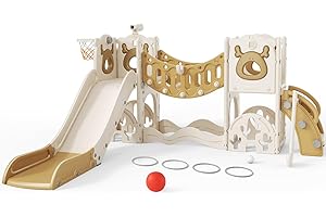 HELANGEL Tobogán para niños con aro de Baloncesto, tobogán temático de Alce, Parque Infantil Interior y Exterior, Kit de Juego de Escalada Independiente con tobogán para bebés (Caqui-9 en 1)