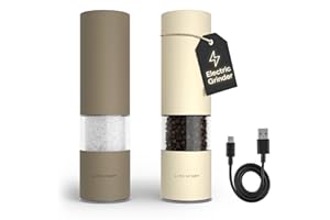 LARS NYSØM Macina Sale e Pepe Elettrica | Set di Macinapepe Automatici in Acciaio Inox con Macinino in Ceramica Regolabile | Set Macinaspezie Ricaricabili USB con Luce LED (Brown/Beige)