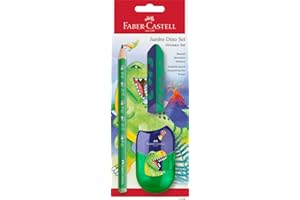 Faber-Castell 111529 - Set da scrittura Dino con matita jumbo, temperino e gomma, set scolastico per bambini