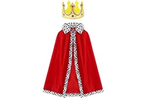 TSHAOUN Capa de Rey y Reina, Túnica Roja Capa de Adulto con Corona Juego de Cosplay Rey Reina para Halloween, Carnaval, Disfraces, Fiestas Temáticas, Hombres y Mujeres, 120cm (Rojo)