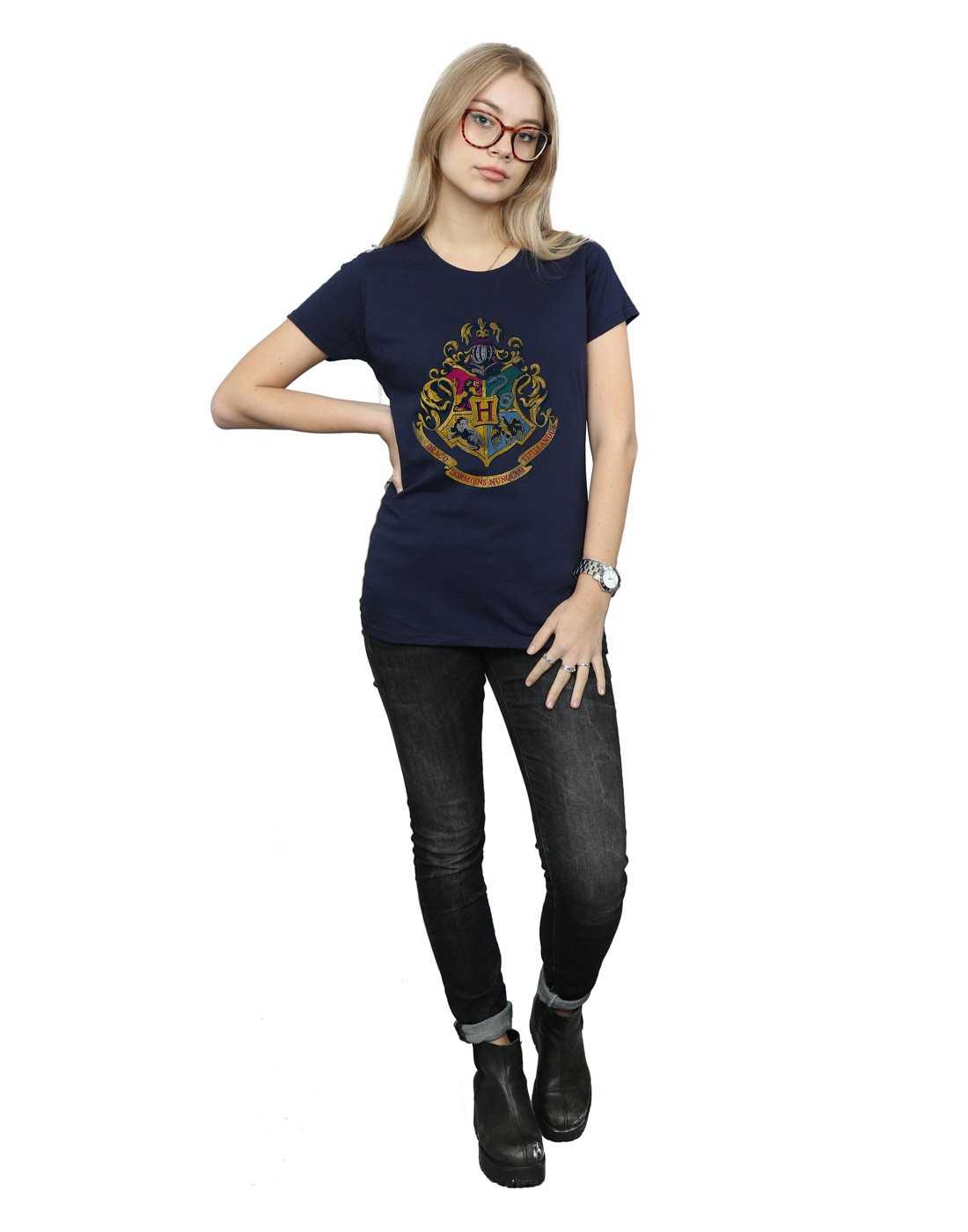 HARRY-POTTER-Damen-Hogwarts-Distressed-Crest-T-Shirt-Medium-Marine