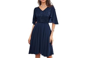 GRACE KARIN Women's Chiffon Pleated Dress Short Cape Sleeve V-Neck Lace Contrast Dress for Cocktail Party