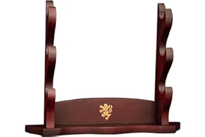 Mythrojan Soporte de espada medieval de madera maciza horizontal para Katana, Samurai, Gladiador, espadas cruzadas, elegante soporte de mesa, 3 niveles, marrón oscuro