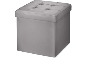 BRIAN & DANY Folding Ottoman Storage Box with Lid, Faux Leather Footstool Toy Storage Box Storage Seat 38 x 38 x 38 cm (Gray)