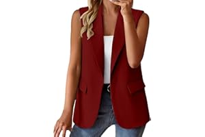 PAIDAXING Chaleco clásico con botones para mujer, casual, cuello de solapa, color sólido, sin mangas, con bolsillo, a la moda, talla grande, cuello en V, chaleco para oficina