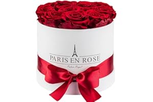 PARIS EN ROSE Rosenbox | mit 14 Bordeaux-roten Infinity Rosen Größe XL | konservierte ewige Rose | weiße Box mit Schleife | 3 Jahre haltbar | Grußkarte
