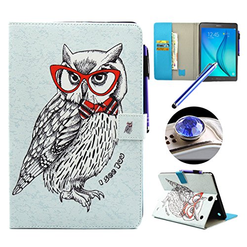 Etsue Kunstleder Schutzhülle für Samsung Galaxy Tab A 9.7/T550/T555 Leder Tasche Bookstyle Hülle Flip Case Wallet Cover, Bunte Retro Muster Schutz Hülle Etui Schale Weich TPU Innere mit Magnetverschluss Standfunktion Kartenfächer für Samsung Galaxy Tab A 9.7/T550/T555 + 1x Glitzer Staub Stecker + 1x Blau Eingabestift-Niedlich Eule