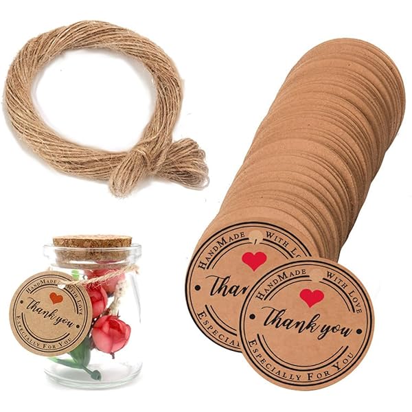 100 Etichette Bomboniere 'Grazie' - Carta Kraft 4.5cm, Con Cordino Di Iuta, Per Matrimoni E Battesimi - Foto 2