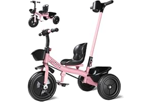 Lyefancy 2 in 1 Kids Trike with Parent Handle for 1-4 Years, Kids Tricycle with Baskets and Removable Pedal, Adjustable Seat Toddler Tricycle, 3 Wheel Bike Gifts for Boys Girls Ride-On Toys(Pink)