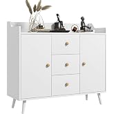 HOMCOM Modern Living Room Sideboard, Kitchen Sideboard 90 x 32 x 80 cm | 2 Doors, 3 Drawers, Pine Wood Legs for Entryway Dini
