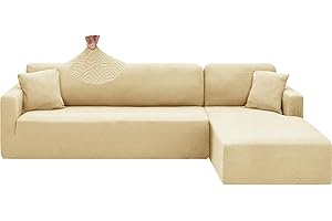 CHELZEN Housse de Canapé Elastique Peninsula en Forme de L, 2 Pièces Housses de Canapé d'angle, Housse de Canapé pour Chaise Longue avec Deux Taies d'oreiller (3 Place+4 Place, Beige)