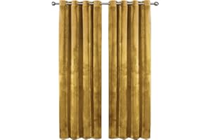 Aspire Homeware Ochre Eyelet Curtains 66x90 (2 Panels) with Tie Backs - Fully Lined Velvet Curtains for Bedroom, Window Curtain for Living Room (168cm x 228cm)