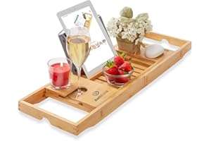 BATHFORIA Extendable Wooden Bath Caddy Tray – Bamboo Bathtub Rack with Wine Glass, Candle, Book, Tablet & Phone Holder – Adjustable Bath Board Shelf & Foldable Bathroom Tray for Spa Relaxation