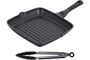 Stone&Stone Griglia Bistecchiera Antiaderente Quadrata 28x28CM|Manico rimovibile Piastra PROFESSIONALE in Pietra Fondo induzione in acciaio qualità TEDESCA Greblon C3+ grill per forno |1 Pinza (28CM)