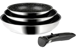 Sitram 714269 Lot de 3 Poêles Inox Ø 20/24/28 cm Revêtement intérieur aspect Pierre anti-adhésif sans PFOA + manche amovible - Tous feux dont induction, Argenté
