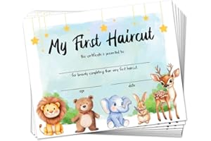 Doodlream 30 My First Haircut Certificate Papers for Baby, 25 x 20cm Blank Certificates with Cute Animal Lion Bear Giraffe Rabbit Deer for Hair Salon