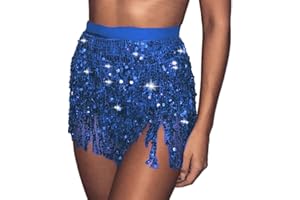 Carufin Jupe de danse du ventre pour femme Ceinture de hanche Sequin Tassel Jupe Hip Wrap Écharpe Rave Music Festival Costume (bleu royal)