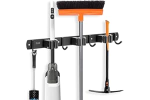ibell Colgador de Escobas y Fregonas, Colgador y Organizador con 3 Posiciones y 4 Ganchos, Soporte Escobas pared Adhesivo de Acero Inoxidable, Sujeta Escobas para Garaje, Cocina, Baño, Jardín