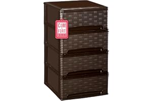 Cajonera Plástico 4 Cajones Modelo Bambu Wengue - Organizador Almacenamiento Ropa Dormitorio Escritorio - 37x38x62.8cm - Montaje Fácil - COM-FORT HOUSE