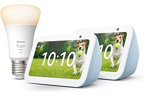 AMAZON Echo Show 5 (3.ª generación) | Gris azulado, pack de 2 + Philips Hue White Bombilla Inteligente (E27), compatible con Alexa - Kit de inicio de Hogar digital