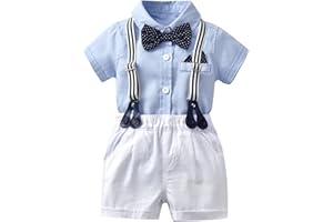 Volunboy Bébé Garçon Ensemble Costume, Manches Courtes Noeud Papillon Chemise avec Short Bretelle Barboteuse