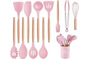 CCHONG Silicone Kitchen Utensils Set with Holder 12 PCS Cooking Utensils Set with Wooden Handle Heat Resistant Kitchen Gadgets Utensil Set Kitchen Accessories (Pink)