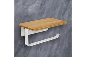 HZBODA Porte Rouleau Papier Toilette Adhesif sans Percage Derouleur WC Murale avec Étagère en Bambou 2 en 1 Support Papier Toilette Mural avec Perçage Blanc