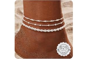 CASSIECA Bracelets de Cheville pour Femme en Argent Sterling 925 Bracelets de Cheville Tendance Délicats Empilable Bracelet de Cheville Ajustable Corde Chaîne Perlée Pied Bijoux de Plage pour Femme