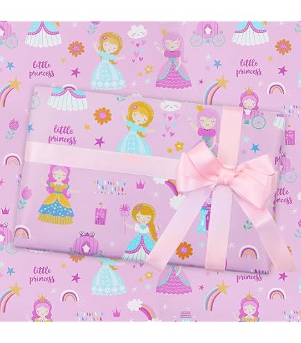 Cadeaupapier Voor Meisjes – 5 Vellen 70x50 Cm, Paars-roze Met Kasteel En Regenboog, Incl. Lint En Labels, Gerecycled