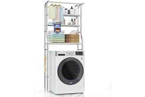 KISEELY Washing Machine and Toilet Storage, Over The Washer and Dryer Storage Shelf, 3 Tier Laundry Room Metal Drying Rack with Towels Hangers, Space Saver Organizer for Clothes Towels (Stainless Steel DA1)