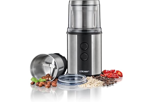 Cloer 7419 Elektrisk Kaffe- och Kryddkvarn med slagkniv i rostfritt stål, 350 W, 2 avtagbara behållare i rostfritt stål, för pesto, örter, nötter och spannmål, upp till 80 g kaffebönor, aromskyddslock
