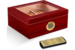 Slege Cigar Humidor, Spanish Cedar Humidor, Cigar Cabinet with Digital Hygrometer, INOX Humidifier, Divider, Cigar Box, Cigar Accessories, Men's Gift, 30 ~ 50 Cigars (Cherry Red)