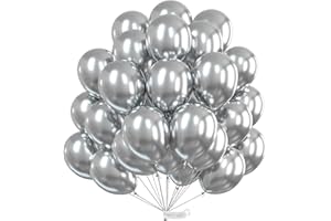 PartyWoo Silver Balloons, 50 pcs 12 inch Metallic Balloons and 20m Ribbon, Silver Metallic Balloons, Shiny Latex Balloons, Helium Balloons, Birthday Balloons, Birthday Decorations, Wedding Decorations